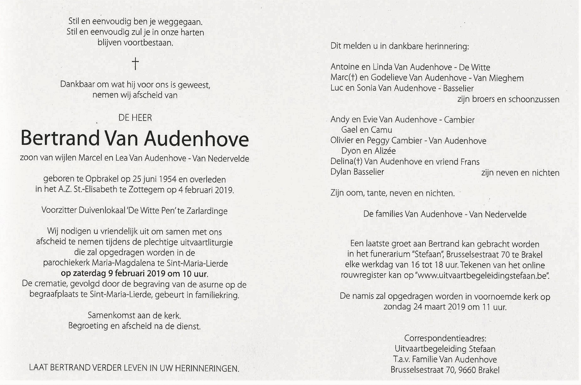 overlijdensbericht Bertrand Van Audenhove